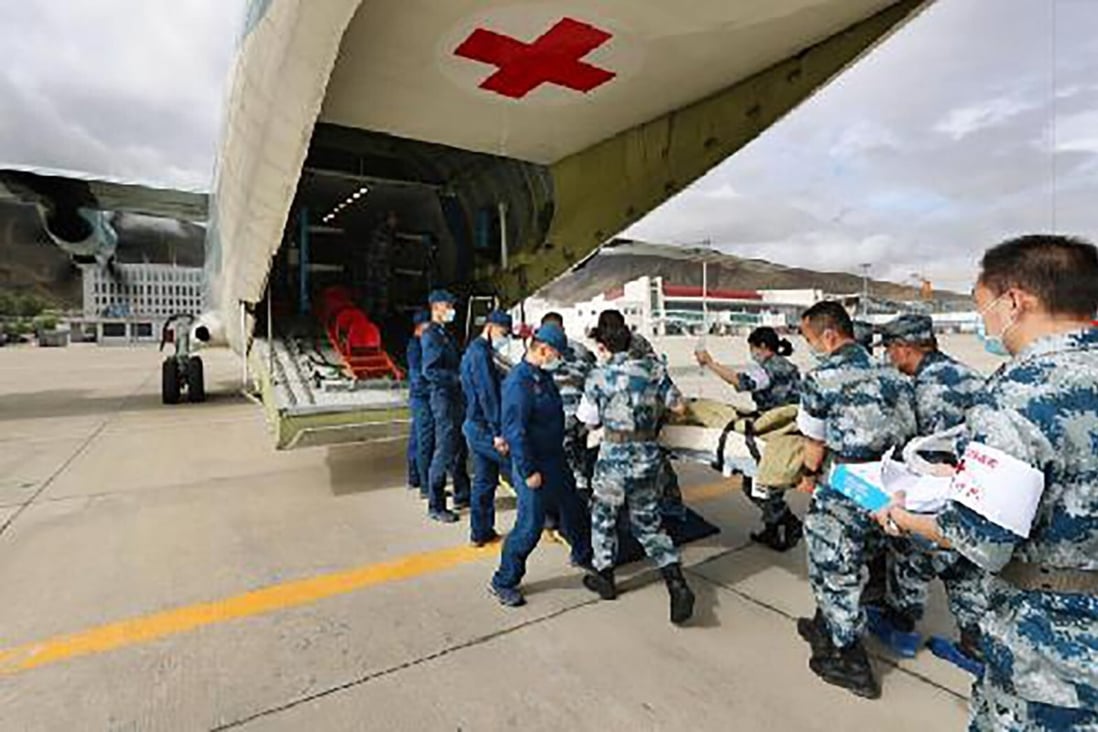 The specially equipped transport plane was used to airlift a wounded solider to hospital. Photo: Xinhua