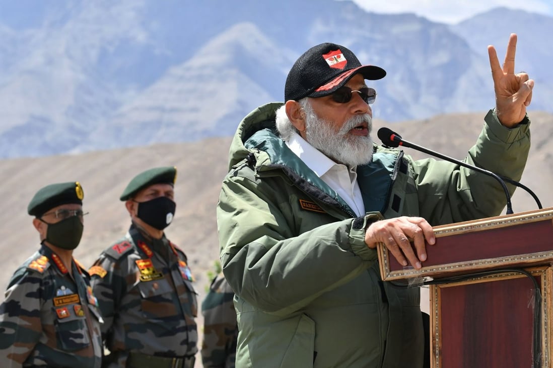Indian Prime Minister Narendra Modi addresses soldiers during a visit to Ladakh on July 3. Photo: AP