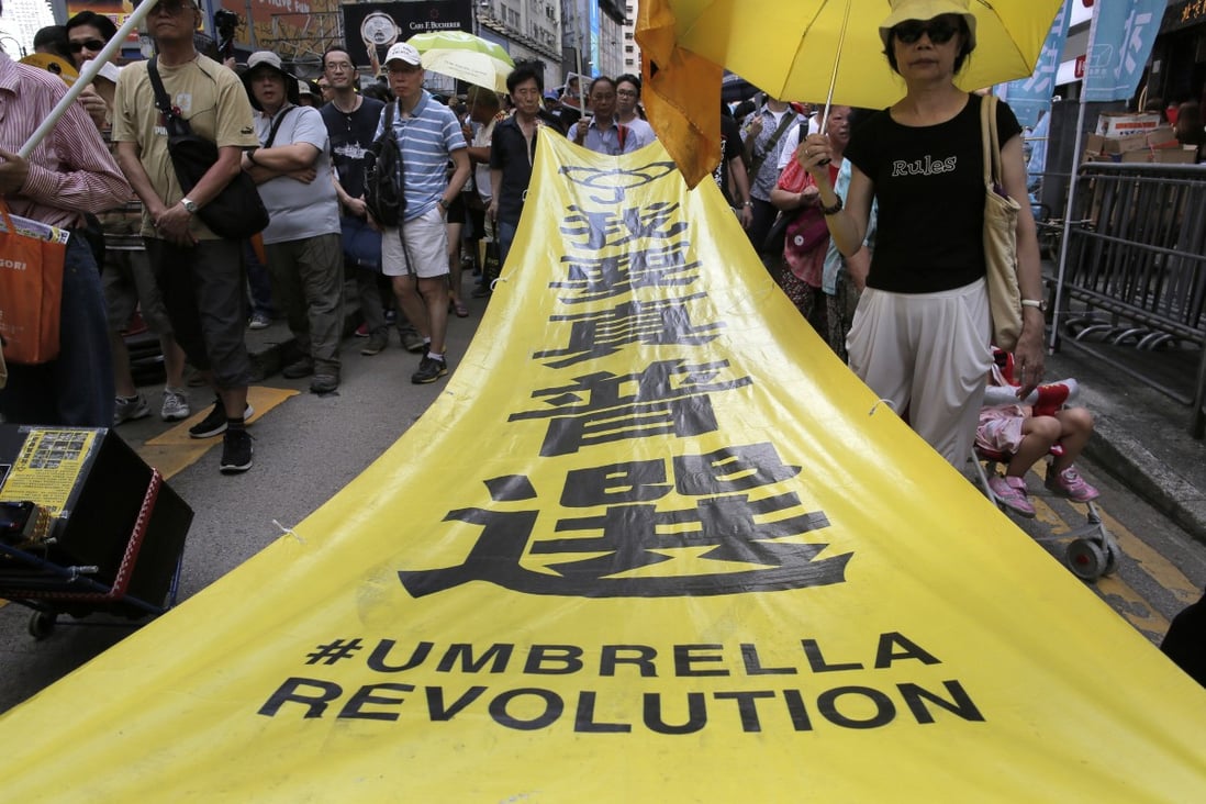 Protesters display a banner saying: “I want universal suffrage” during a march on July 1, 2016. Pro-establishment lawmakers have insisted that a lack of national security was the primary factor holding Hong Kong back from “deserving” universal suffrage. Photo: AP