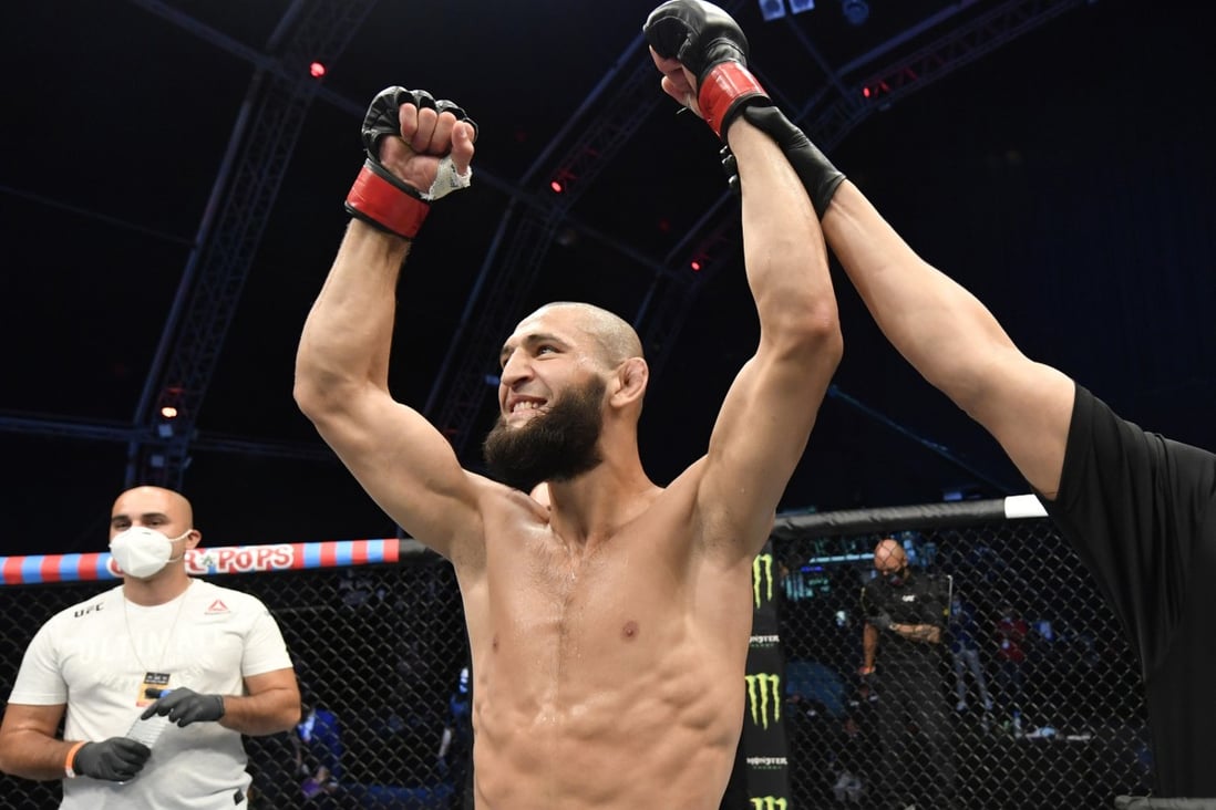 Khamzat Chimaev celebrates after his TKO victory over Rhys McKee in their welterweight fight during the UFC Fight Night event inside Flash Forum on UFC Fight Island. Photo: Jeff Bottari/Zuffa LLC via USA TODAY Sports