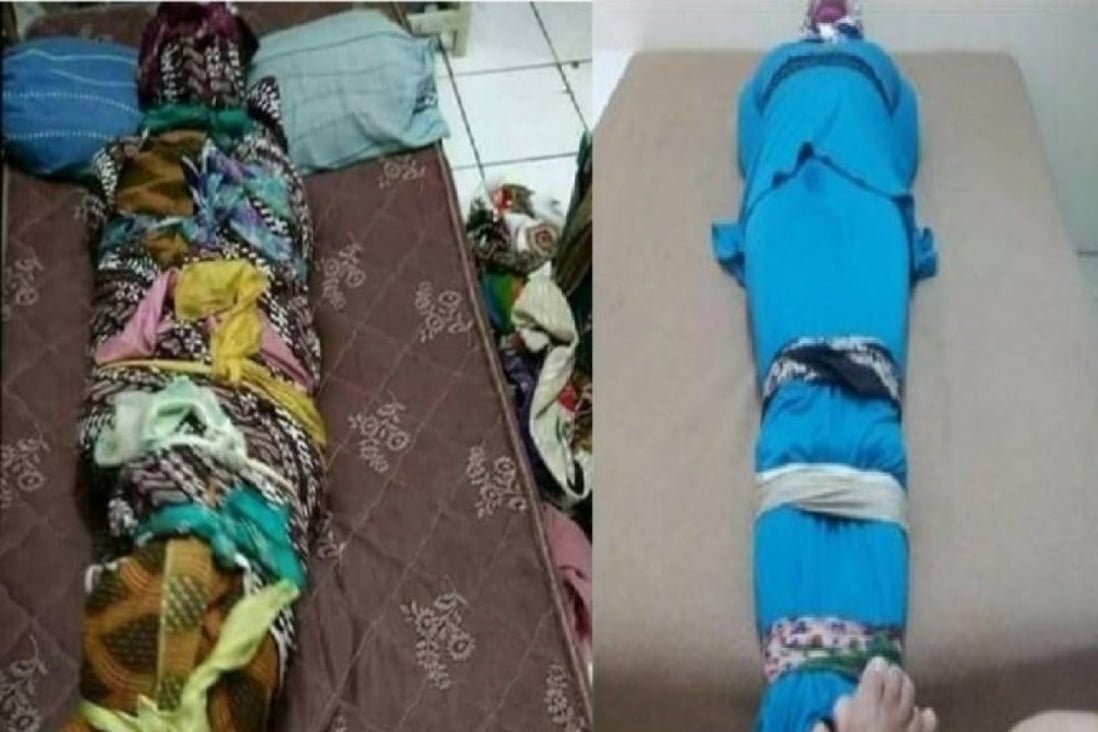 Photos from Twitter user Mufis, who alleges that he was duped by Gilang into wrapping and taking pictures of himself and a friend. Photo: Twitter