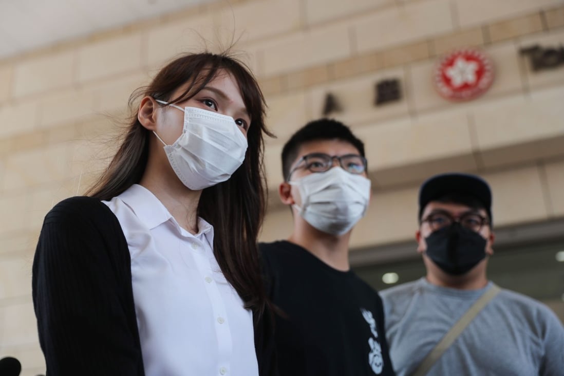 Agnes Chow, Joshua Wong and Ivan Lam arrive at West Kowloon Court on Wednesday. Photo: Sam Tsang