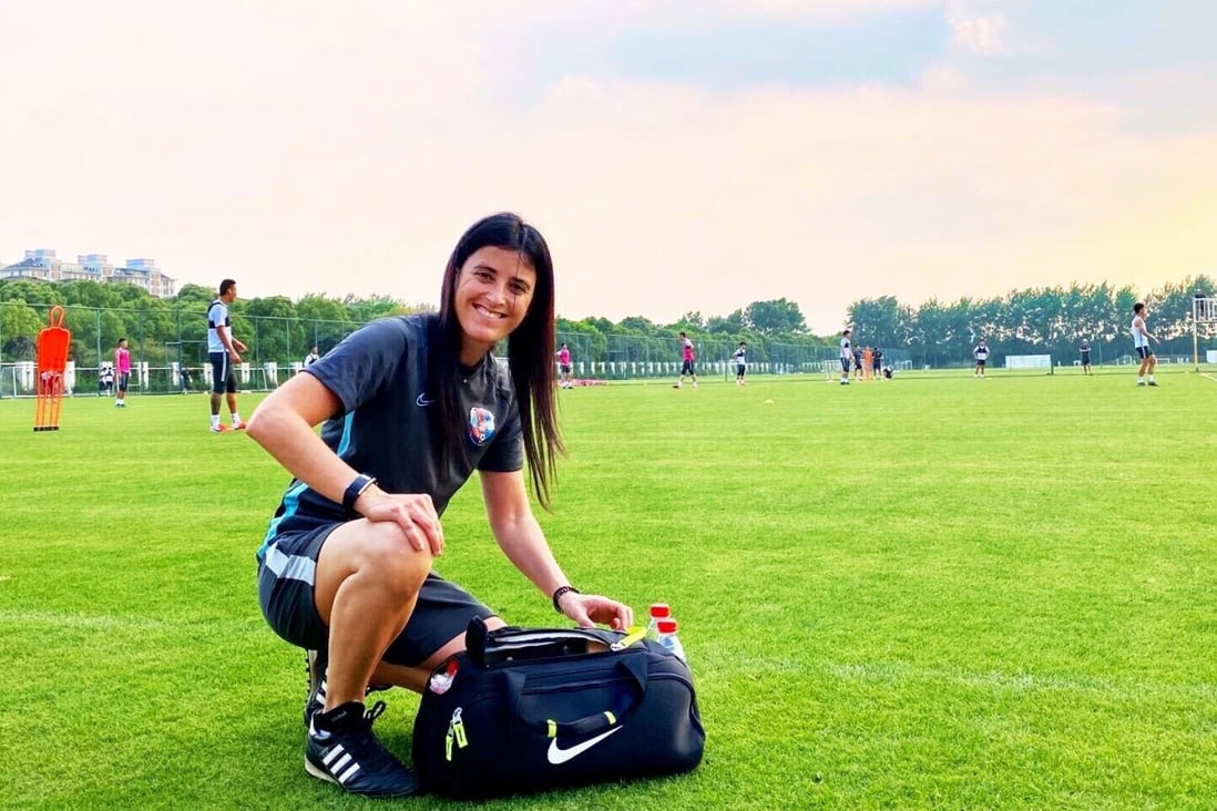 Qingdao Huanghai’s Erica Hernandez, the only female physio in the Chinese Super League, gets to work in training. Photos: Handout