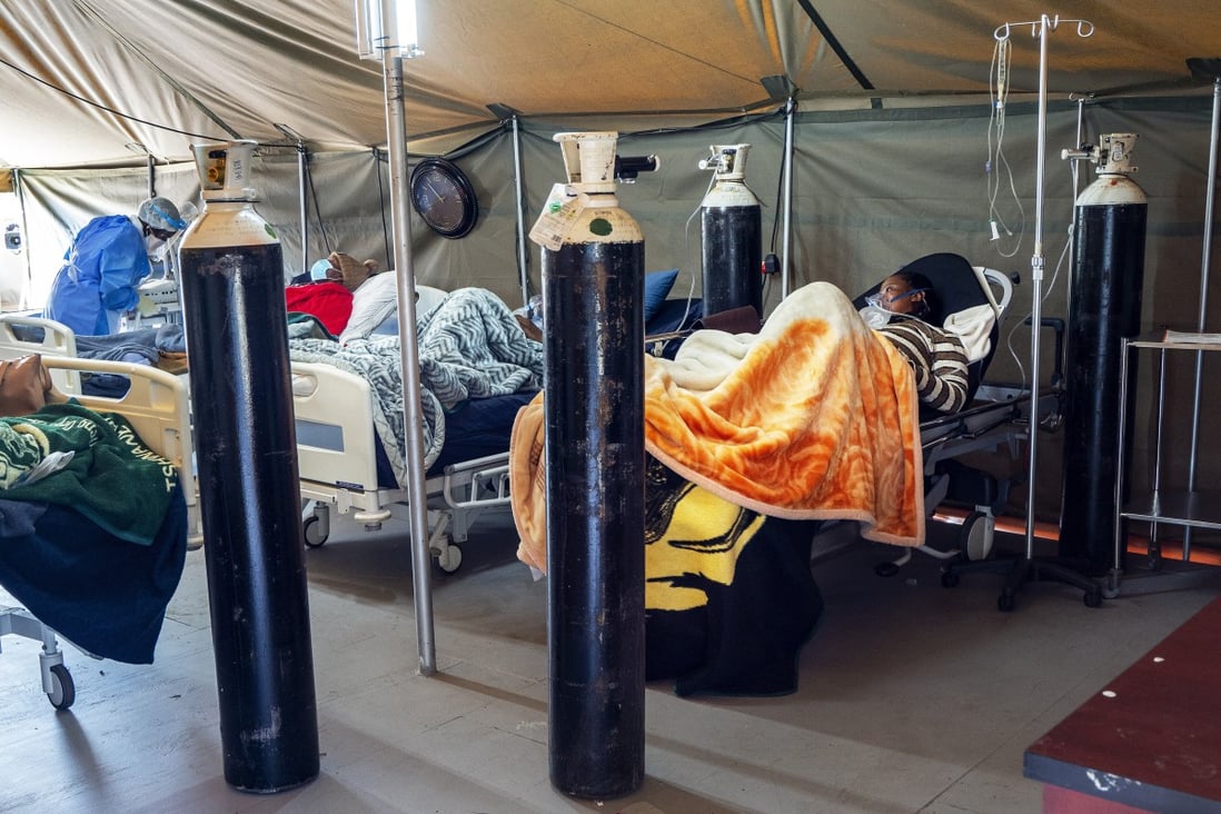 Covid-19 patients are treated with oxygen at the Tshwane District Hospital in Pretoria, South Africa, in early July. Photo: AP