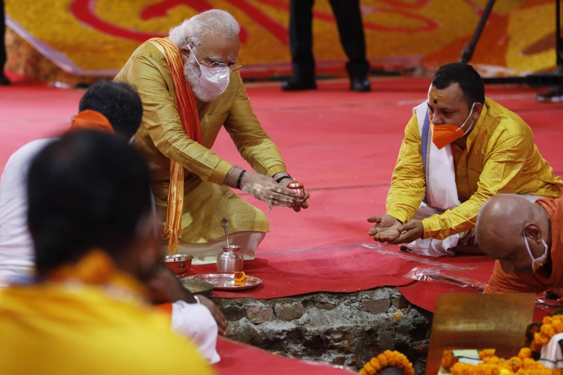Indian Prime Minister Narendra Modi performs the groundbreaking ceremony of a temple dedicated to the Hindu god Ram in Ayodhya on Friday. Photo: AP