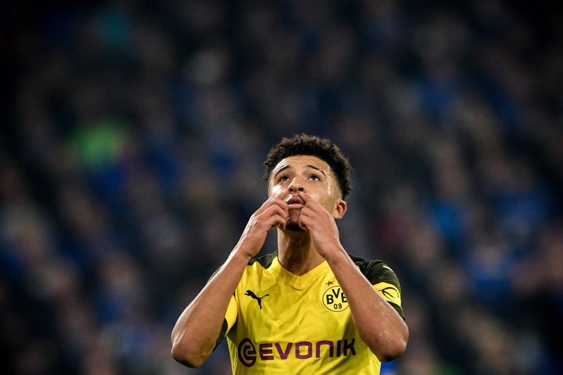 Borussia Dortmund's Jadon Sancho celebrates scoring against Schalke 04 in the German Bundesliga in 2018. Photo: EPA
