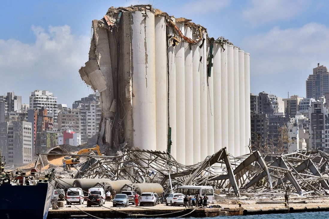 The grain silo in the port of Beirut stands damaged four days after a monster explosion killed more than 150 people and disfigured the Lebanese capital. Photo: AFP
