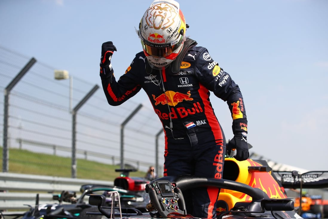 Red Bull’s Dutch driver Max Verstappen pumps his fist after winning the 70th Anniversary Grand Prix at Silverstone. Photo: AFP