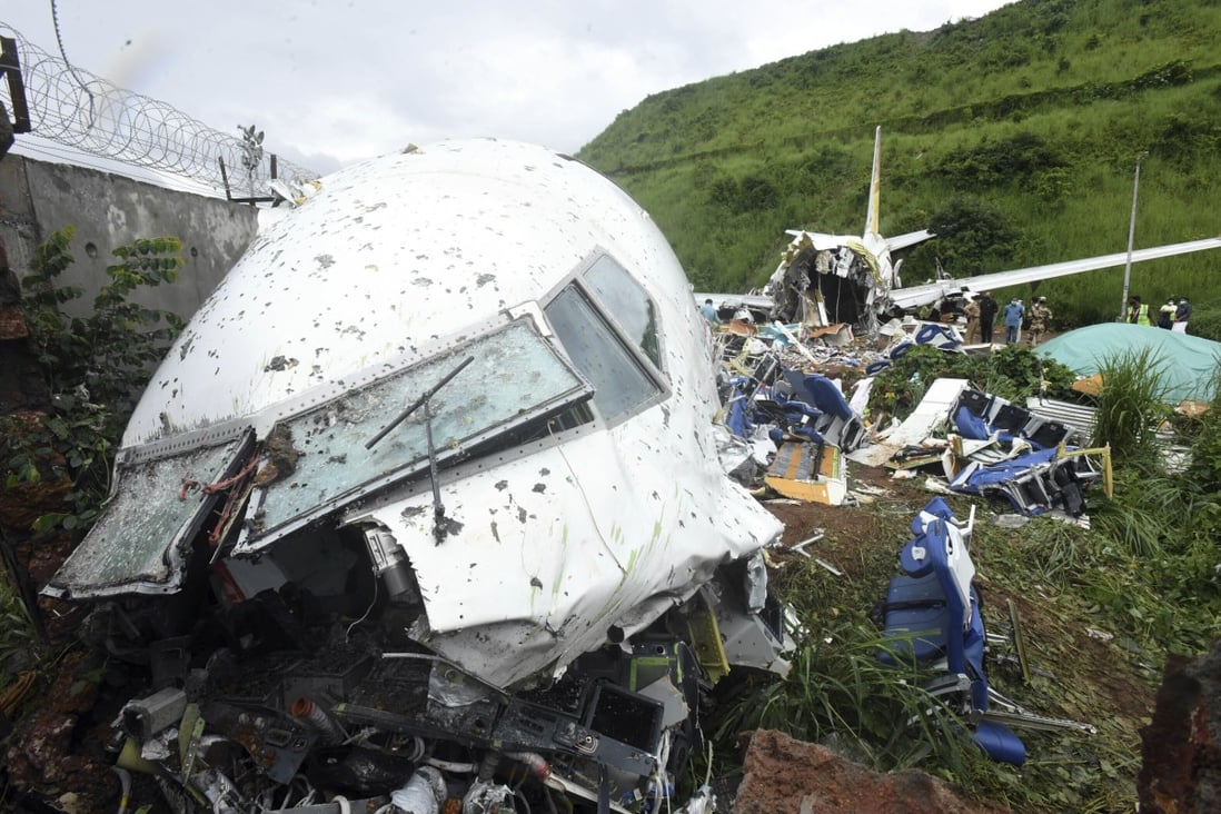 A view of the wreckage of an Air India Express Boeing 737 after it crashed at Calicut airport on Friday. Photo: AP
