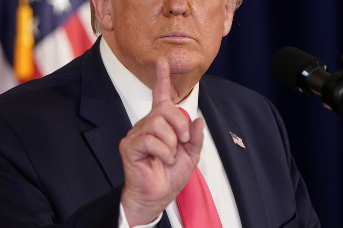 US President Donald Trump gestures during a news conference at his golf resort in Bedminster, New Jersey, on Saturday. Photo: Reuters