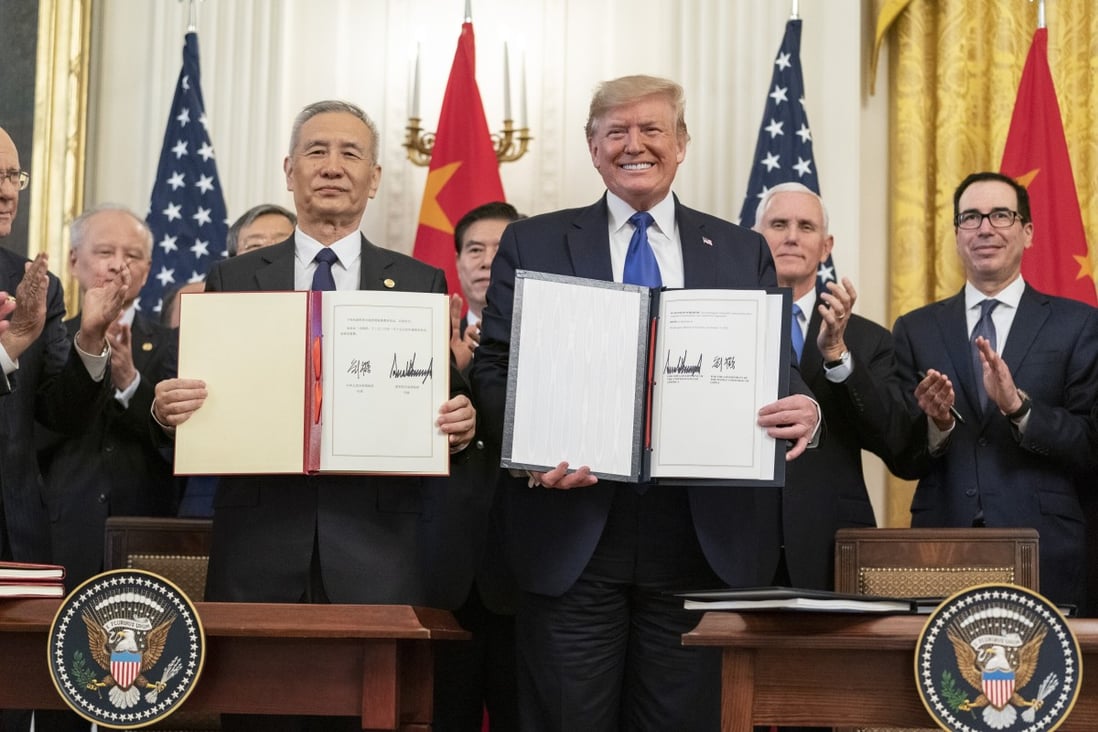 Chinese Vice-Premier Liu He (left) and US President Donald Trump hold up signed copies of the phase one trade deal between their countries in January. Liu is expected to hold a video conference this week with the US side to discuss the deal. Photo: DPA