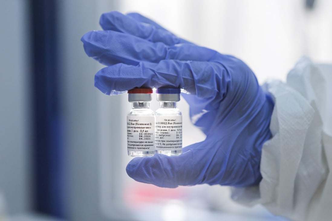 Two vials containing a new Russian Covid-19 vaccine, which is not in the WHO-led ACT-Accelerator programme. Photo: Russian Direct Investment Fund handout via EPA-EFE