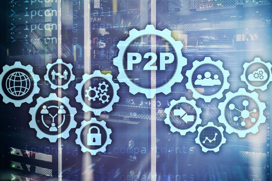 Royalty-free stock photo ID: 1402101881 Peer to peer. P2P on the virtual screen with a server room background. Shutterstock Images