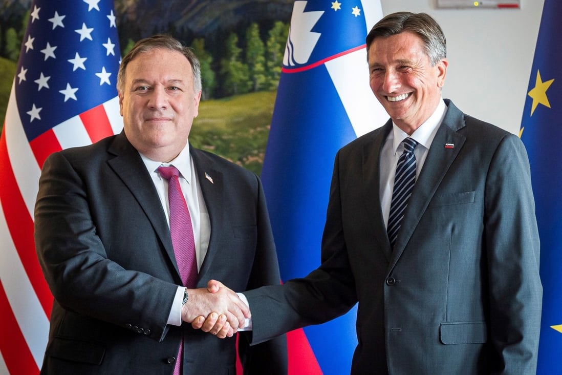 Slovenian President Borut Pahor (right) and US Secretary of State Mike Pompeo meet in Bled, Slovenia, on Thursday. Photo: Reuters