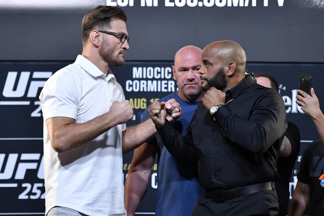 Stipe Miocic and Daniel Cormier face off during the UFC 252 press conference at the UFC Apex on August 13, 2020 in Las Vegas, Nevada. Photo: Jeff Bottari/Zuffa LLC