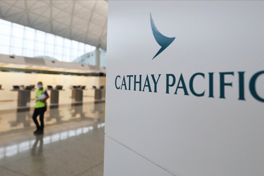 Cathay Pacific logo seen at the Cathay Pacific check in counters at the Hong Kong International Airport in Chek Lap Kok. Photo: SCMP / Nora Tam