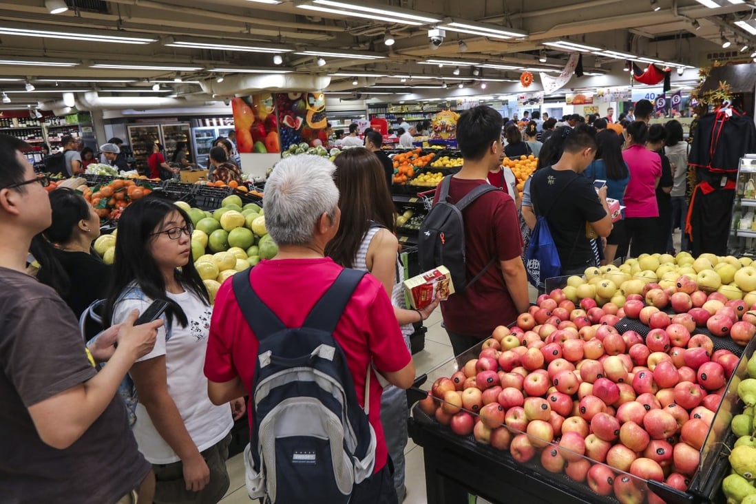 Hong Kong’s leader Carrie Lam has said she will demand that supermarkets offer customer discounts as a condition for receiving financial aide from the government. Photo: Felix Wong