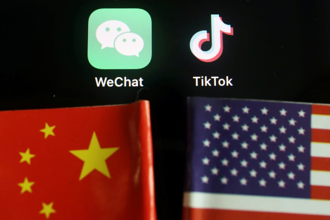 The logos for Chinese messaging app WeChat and short-video app TikTok are seen with the China and US flags. Photo: Reuters