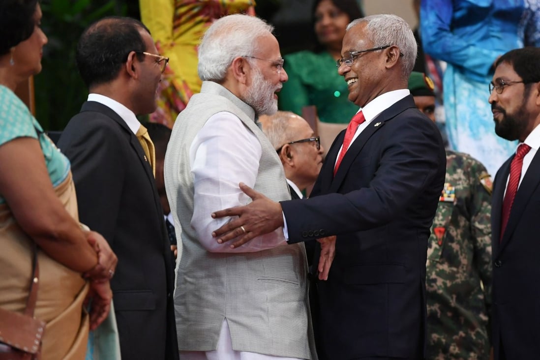 The Maldives’ President Ibrahim Mohamed Solih embraces India’s Prime Minister Narendra Modi during Solih’s November 2018 inauguration in Male. Photo: AFP