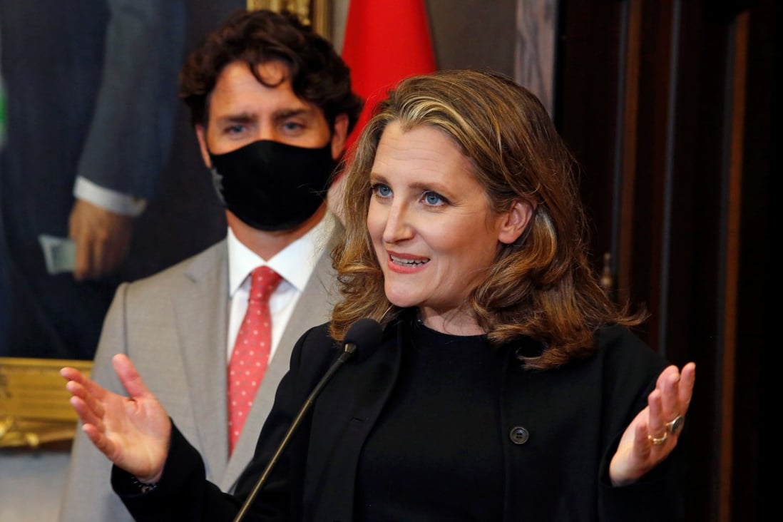 Canada’s Finance Minister Chrystia Freeland speaks to reporters next to Prime Minister Justin Trudeau on Parliament Hill in Ottawa on Tuesday. Photo: Reuters