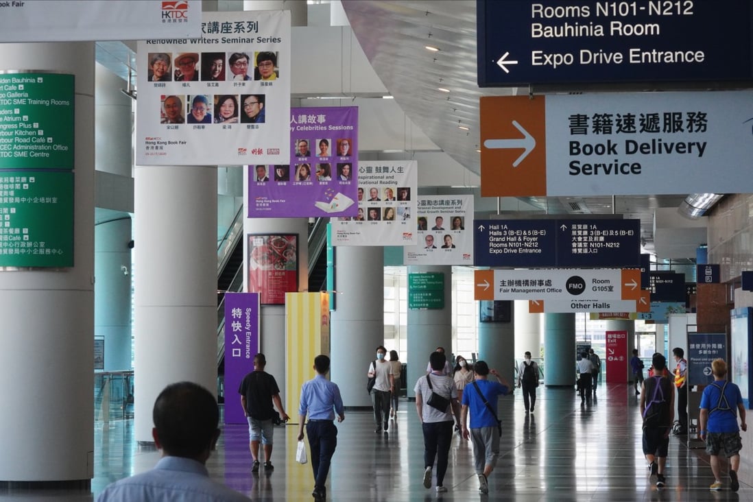 Banners for the 2020 Hong Kong Book Fair at the Hong Kong Convention and Exhibition Centre in Wan Chai were already up on July 13 when the event was postponed due to a spike in locally transmitted coronavirus cases. Photo: Sam Tsang