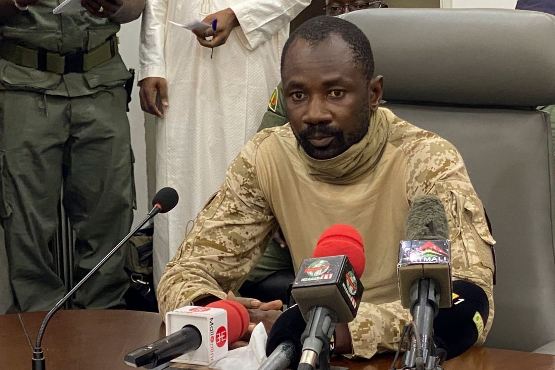 Colonel Assimi Goita speaks to the press at the Malian Ministry of Defence in Bamako on Wednesday after confirming his position as the president of the National Committee for the Salvation of the People. Photo: AFP