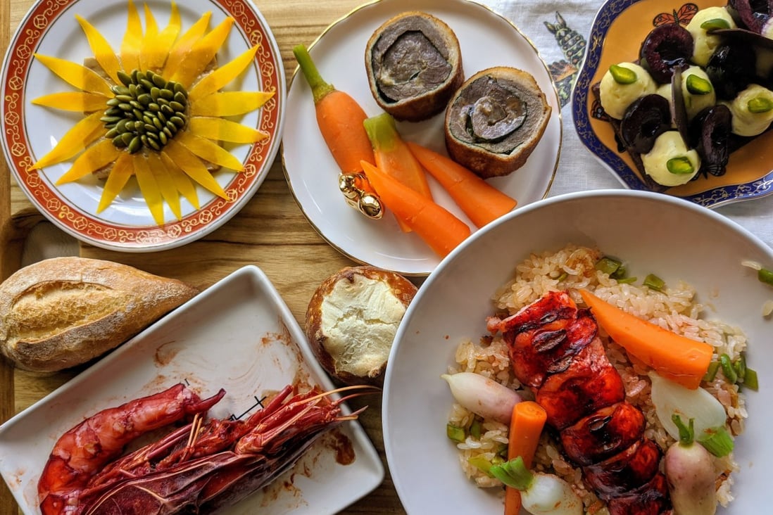 Petrus delivery menu. From top left: foie gras, beef roulade, cherry dessert, lobster rice and red prawn dishes. Photo: SCMP