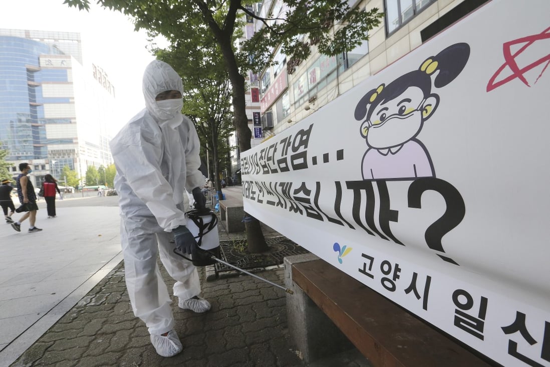 A health care worker carries out disinfection on a street in Goyang, which is part of the Seoul metropolitan area. Photo: AP