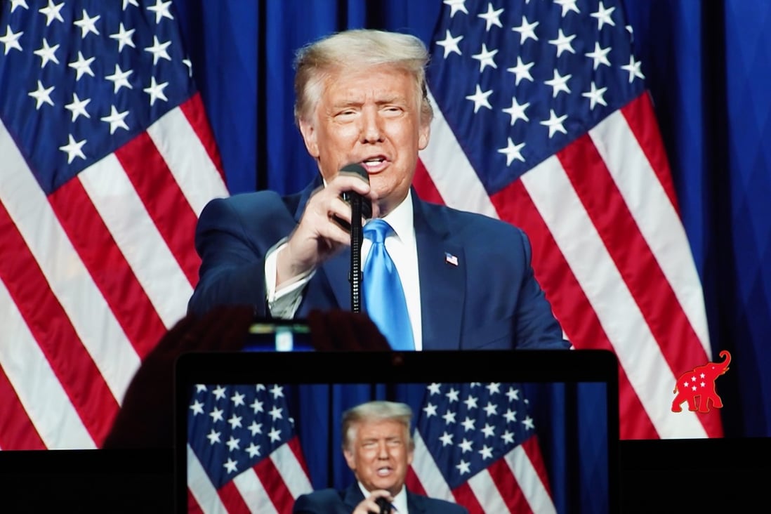 Screens display US President Donald Trump speaking on Monday at the 2020 Republican National Convention in Charlotte, North Carolina. Photo: Xinhua