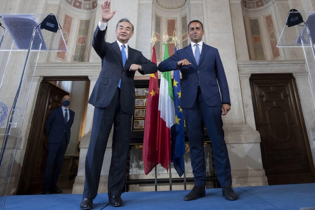 Chinese Foreign Minister Wang Yi and Italian Foreign Minister Luigi Di Maio after their meeting at Villa Madama in Rome on Tuesday. Photo: EPA-EFE