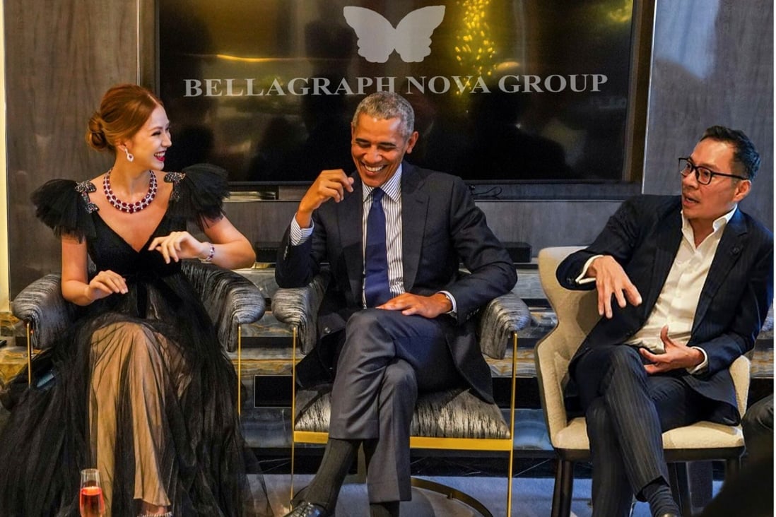 A photo of Bellagraph Nova Group executive Evangeline Shen (left) speaking with former US president Barack Obama during a charity event in Singapore in 2019 was altered to include group co-founder Terence Loh (right) and the company logo. Photo: Reuters