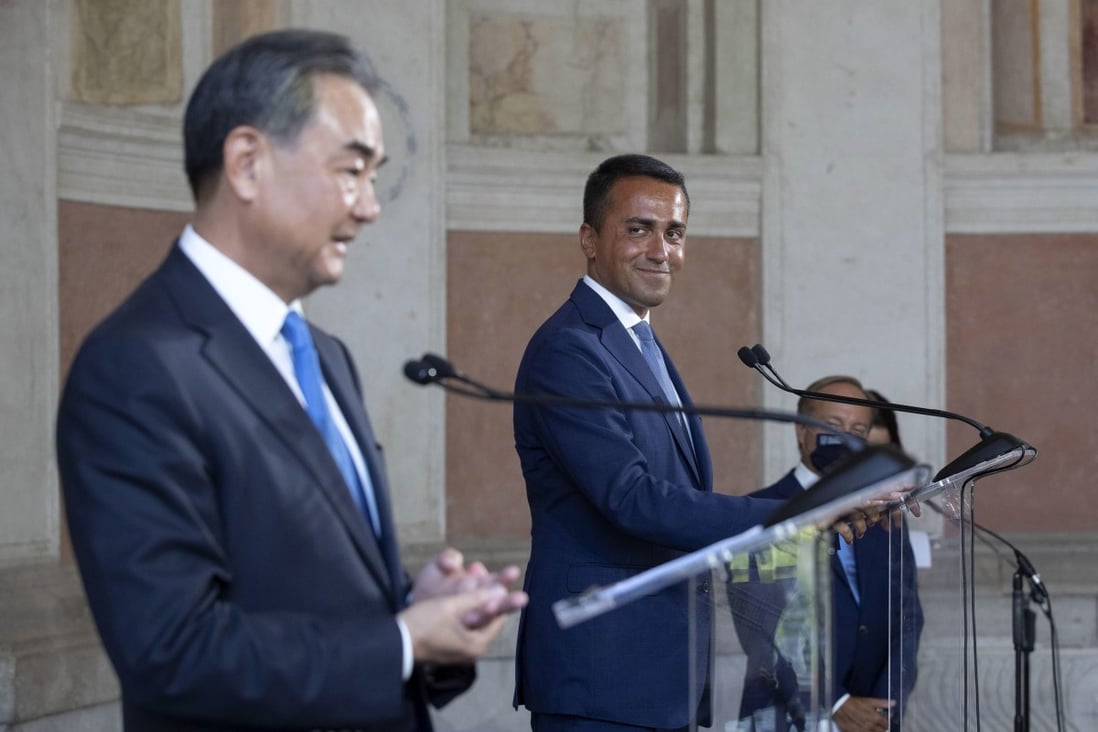 Italian Foreign Minister Luigi Di Maio (right) and his Chinese counterpart Wang Yi during a joint press conference after their meeting in Rome on Tuesday. Photo: EPA-EFE