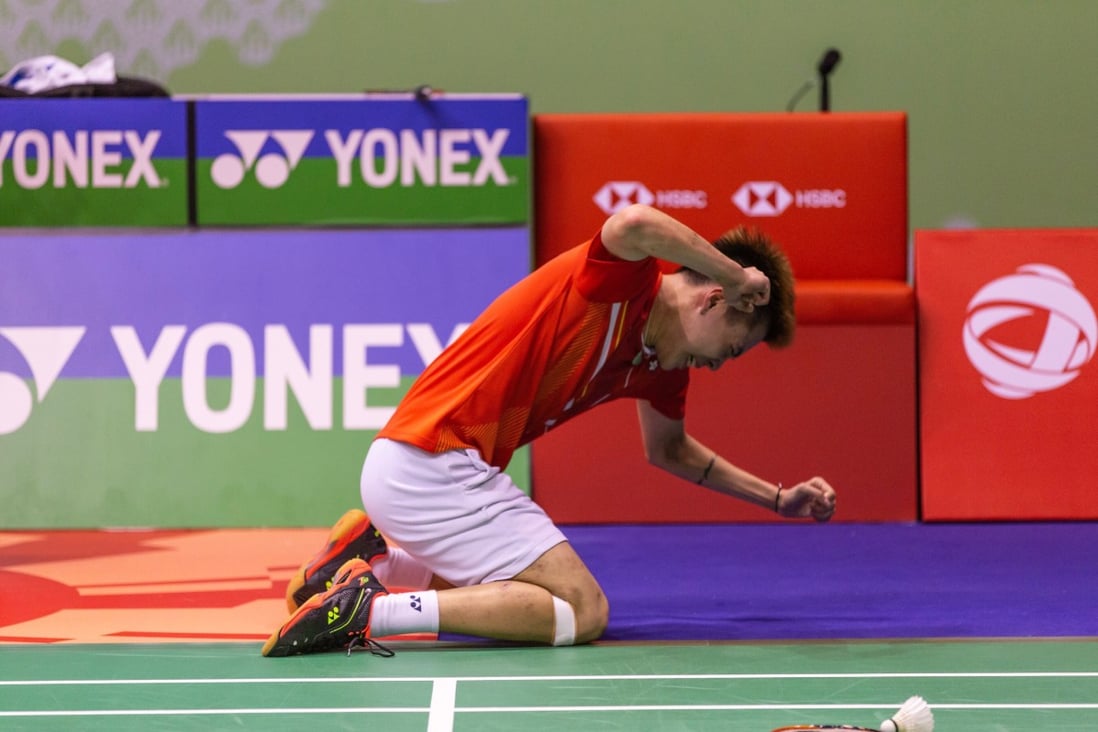 Hong Kong’s Lee Cheuk-yiu celebrates after defeating Indonesia’s Anthony Ginting in the men’s singles final at 2019 Yonex-Sunrise Hong Kong Open at Hung Hom Coliseum. Photo: Kelly Ho