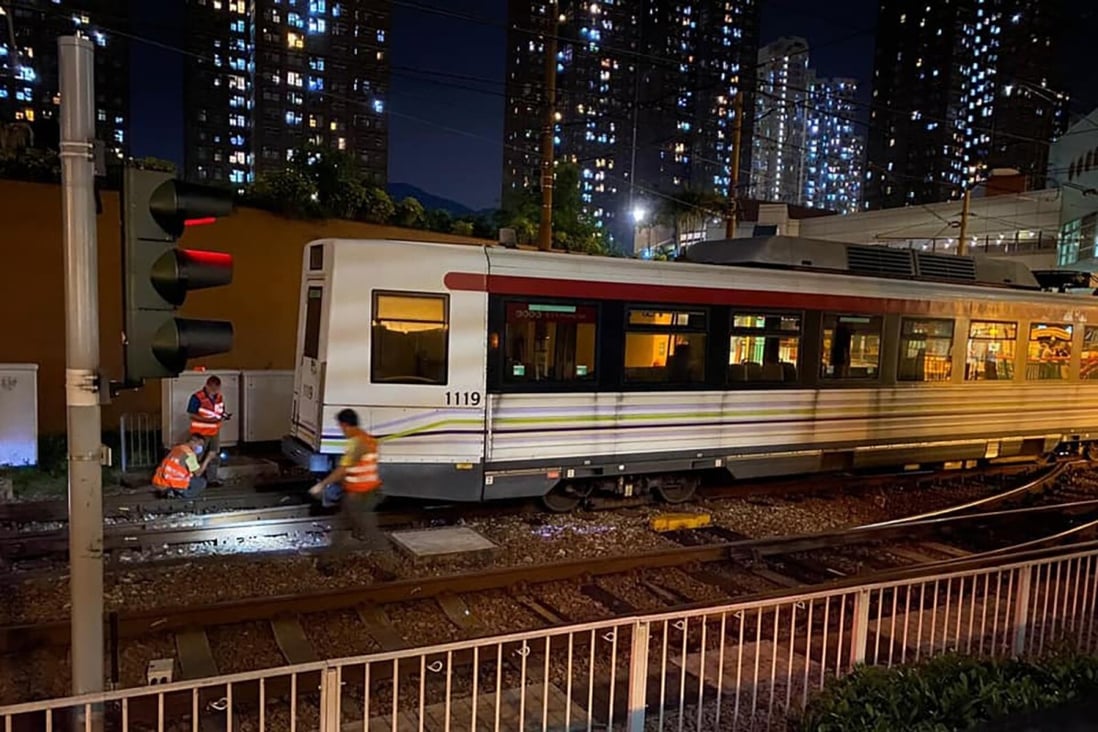 At around 8.25pm on Saturday night, a light rail MTR train on the 610 route derailed as it was entering a platform at the Siu Hong stop. Photo: Facebook