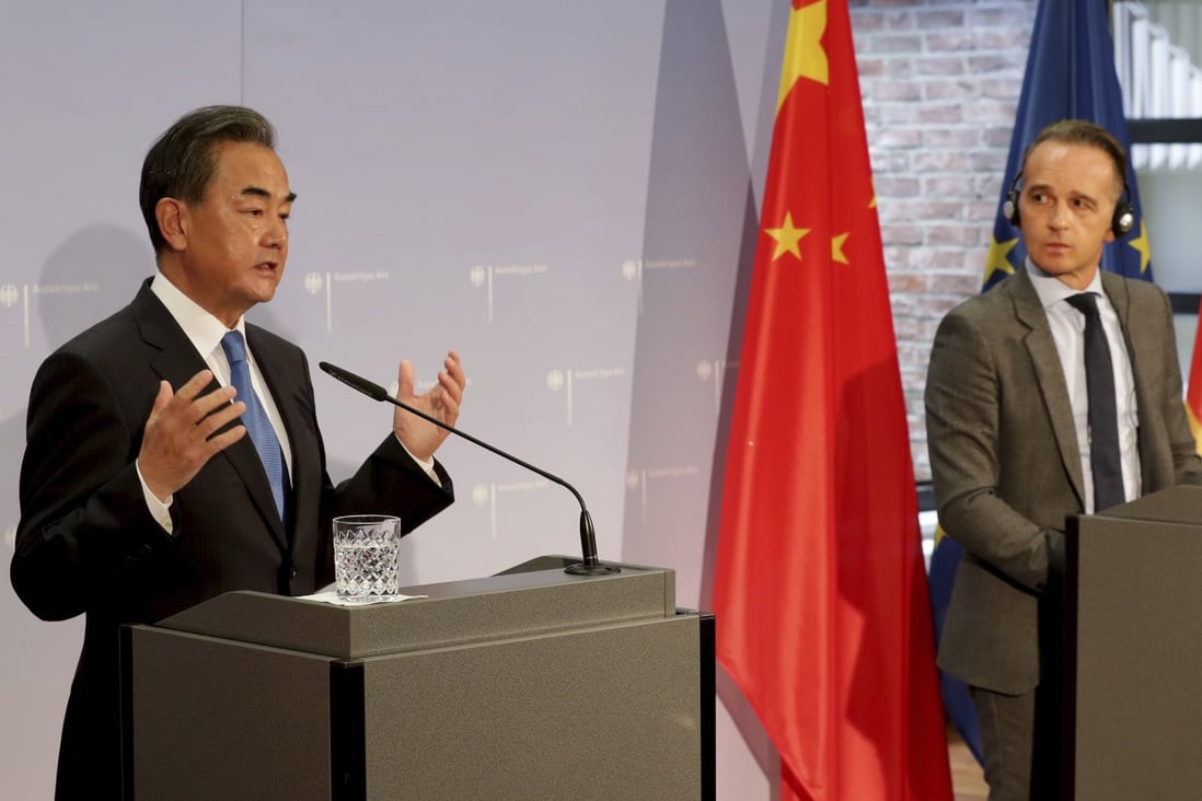 Chinese Foreign Minister Wang Yi (left) and German Foreign Minister Heiko Maas at their news conference on Tuesday in Berlin, the last stop on Wang’s trip to Europe. Photo: EPA-EFE