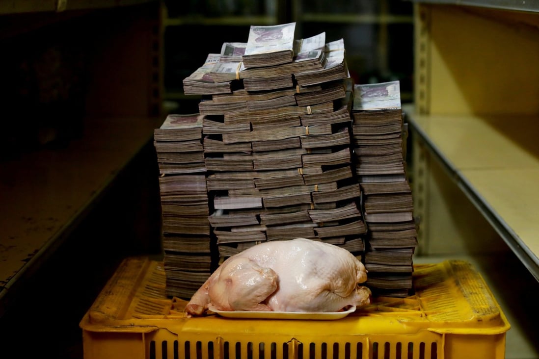 A 2.4kg chicken is pictured next to 14.6 million bolivars, its price and the equivalent of US$2.22, at a mini-market in Caracas, Venezuela on August 16, 2018. The pain of hyperinflation escapes central bankers who debase money to erode debt. Photo: Reuters