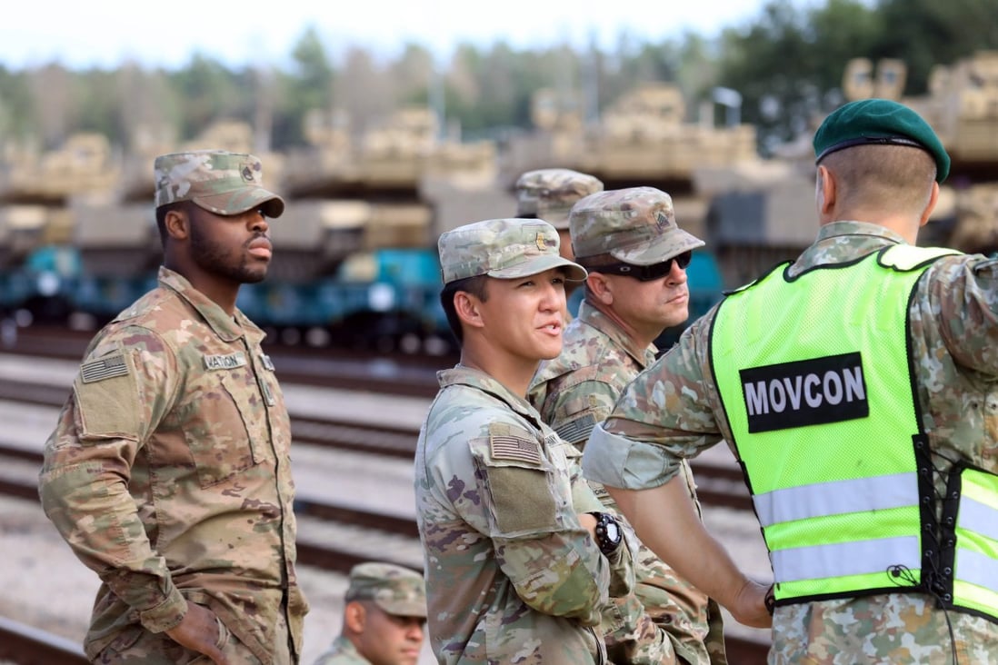 Members of the US Army 2nd Brigade 69th Regiment 2nd Battalion are pictured at Mockava railway station in Lithuania. Photo: AFP