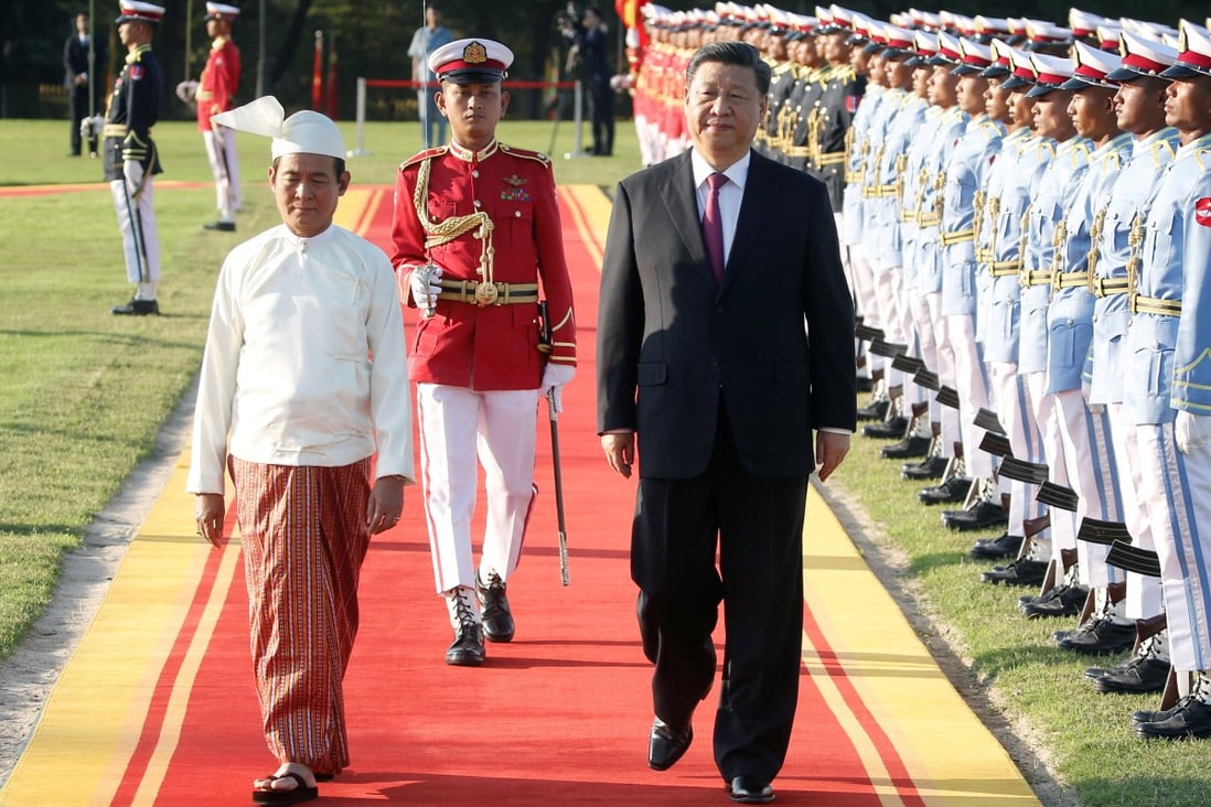Chinese President Xi Jinping and Myanmar President Win Myint at a welcome ceremony at the presidential palace in Naypyitaw, Myanmar, in January. Photo: Reuters