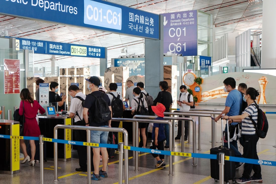 The domestic departures area at Beijing Capital International Airport on August 25. China’s aviation authority said its daily flight numbers had recovered to 90 per cent of pre-coronavirus levels by the end of last month. Photo: Bloomberg