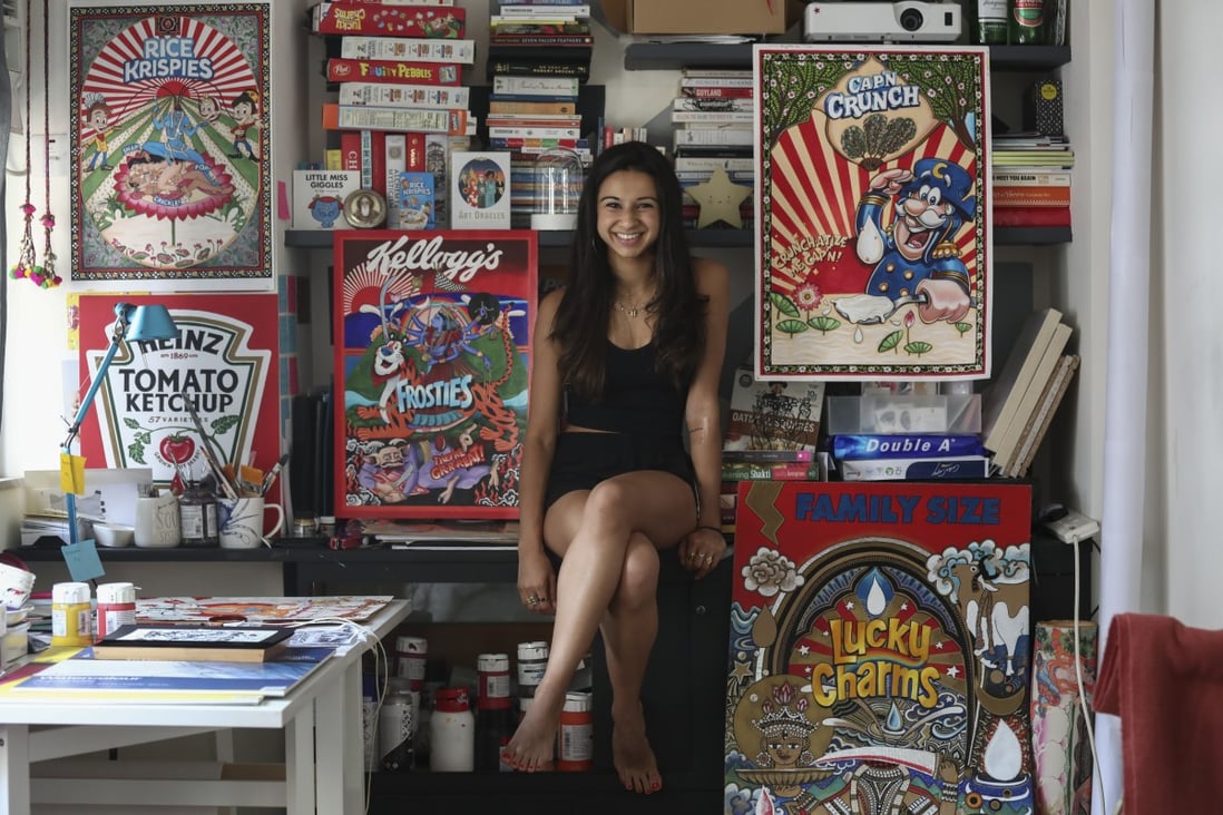 Indian artist Riya Chandiramani, pictured with her artwork in her studio in Hong Kong’s Central district, is one of several artists in the city from India who are having an impact on the local arts scene. Photo: Jonathan Wong