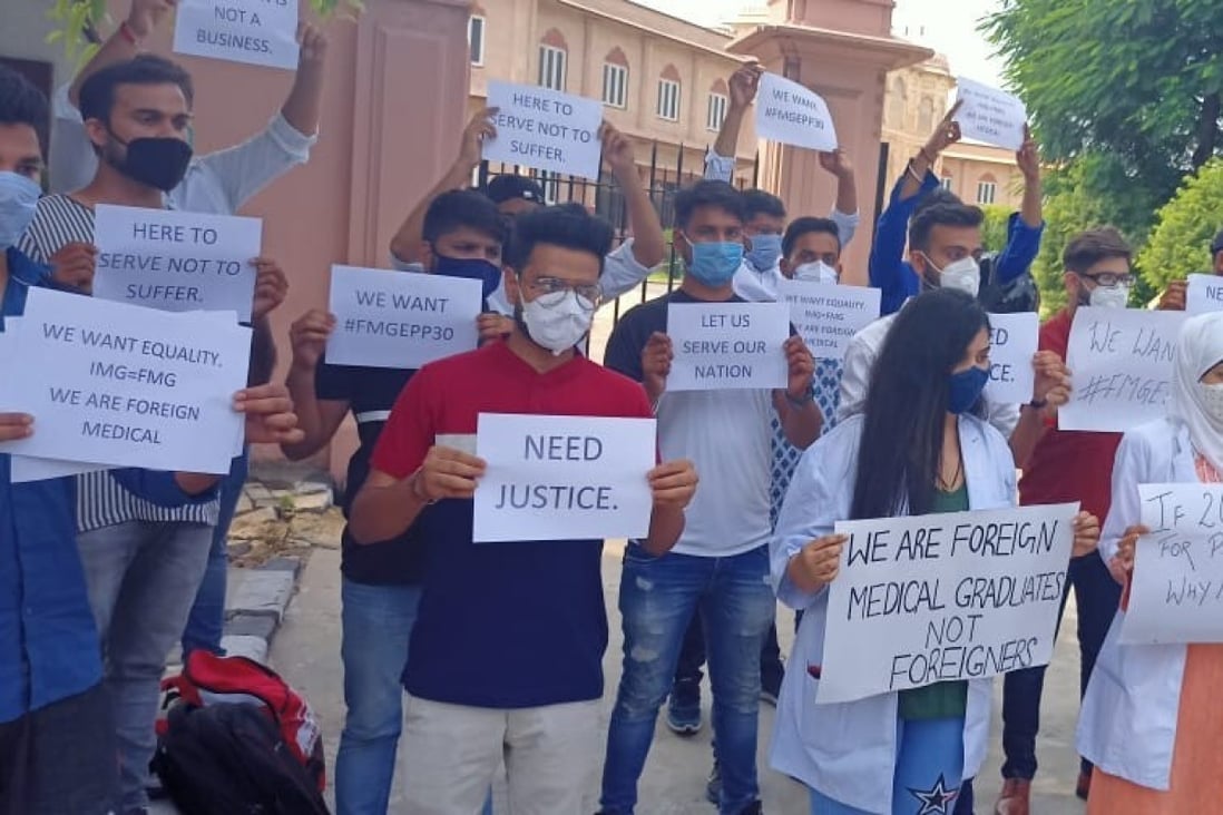 Students protest over the FMGE outside the Ministry of Health in Jaipur, Rajasthan, India. Photo: Handout