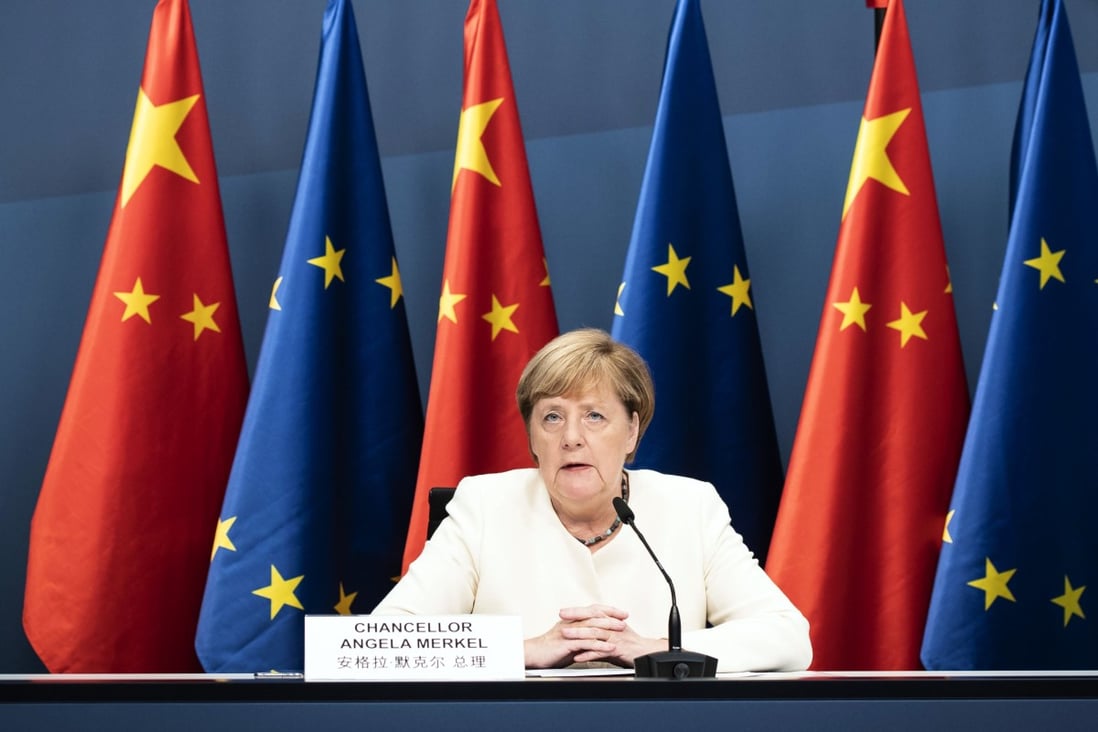 German Chancellor Angela Merkel speaks during a video news conference with EU leaders after a virtual summit with Chinese leader Xi Jinping on Monday. Photo: dpa via AP