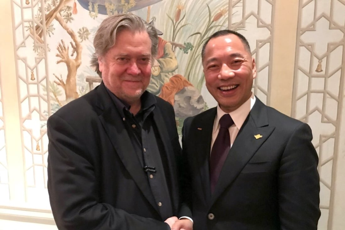 Chinese fugitive tycoon Guo Wengui (right) and former White House strategist Steve Bannon have appeared together in a number of videos attacking the Communist Party. Photo: Guo Wengui’s Twitter @KwokMiles
