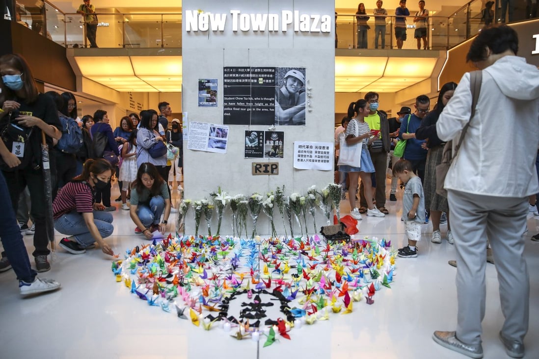 A memorial to Alex Chow sprung up at New Town Plaza in Sha Tin after his death last November. Photo: Winson Wong