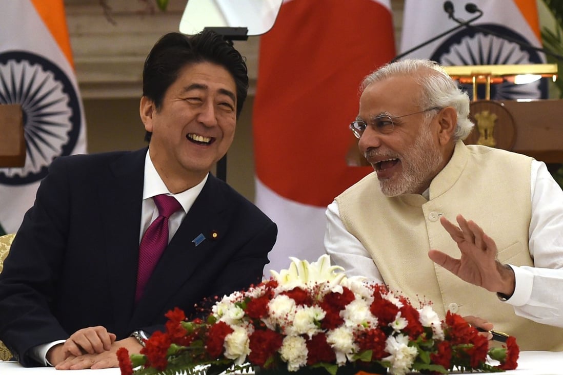 Japan’s Shinzo Abe and Indian PM Narendra Modi at Hyderabad House in New Delhi in 2015. Photo: AFP