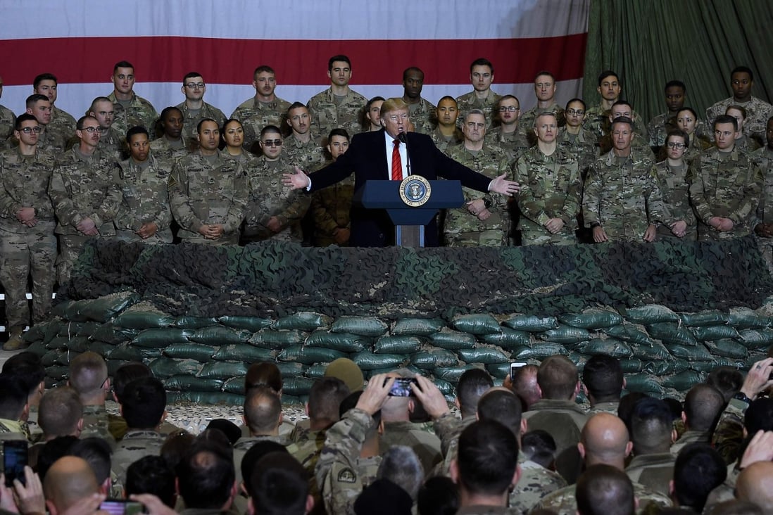 US President Donald Trump rallies the troops during a surprise Thanksgiving visit at Bagram Air Field in Afghanistan on November 28, 2019. Photo: AFP
