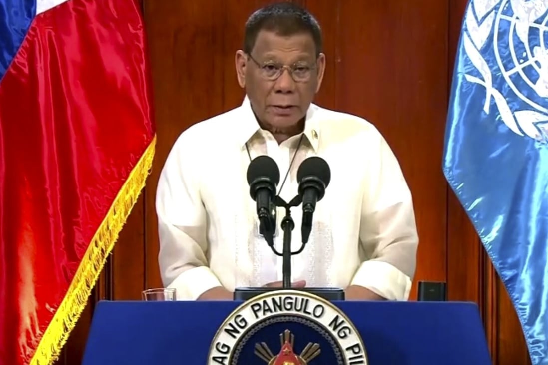 Rodrigo Duterte, president of the Philippines, speaks in a pre-recorded message that was played during the 75th session of the United Nations General Assembly on Tuesday. Photo: UNTV via AP