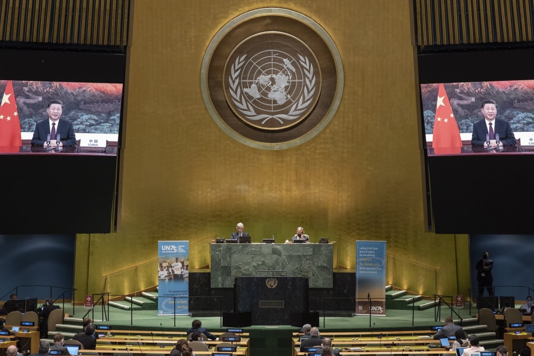Chinese President Xi Jinping (on screens), speaking during the 75th General Assembly of the United Nations, in New York. Photo: UN via EPA-EFE