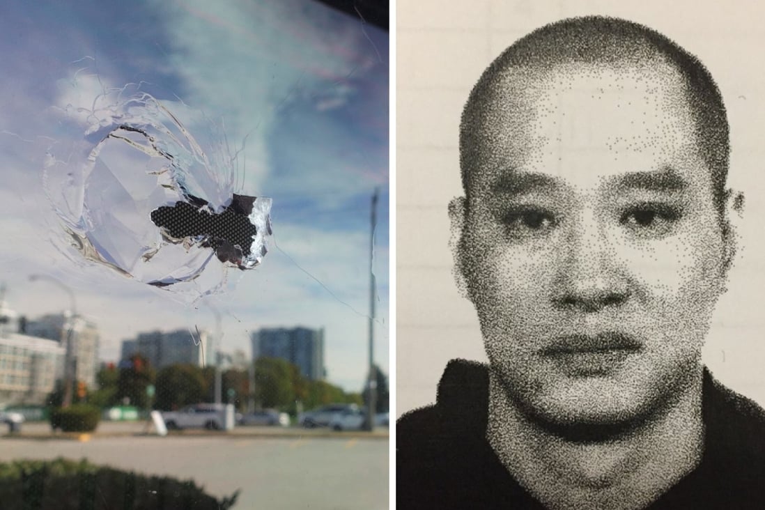 A bullet hole is seen in the window of Manzo Itamae Japanese restaurant in Richmond, BC, where accused money launderer Jian Jun Zhu was shot dead last week. Photos: Ian Young and The Vancouver Sun