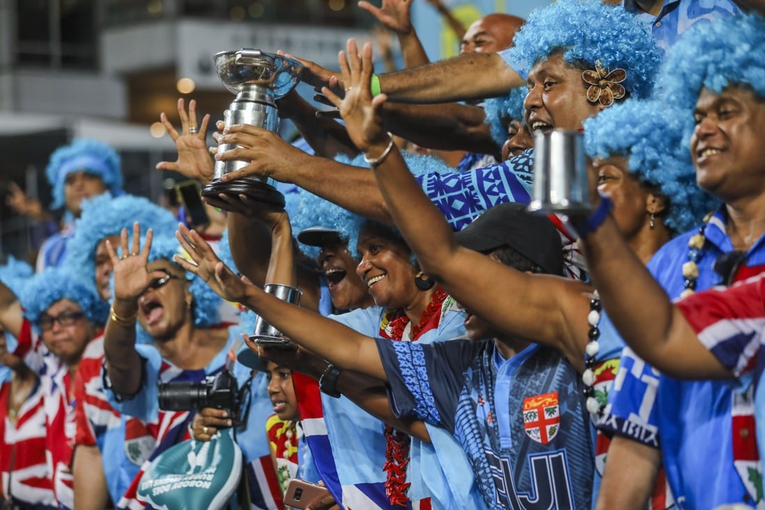 Fijian fans celebrate after Fiji wins the Cup final match against France on the last day of the 2019 Hong Kong Sevens. Photo: Sam Tsang